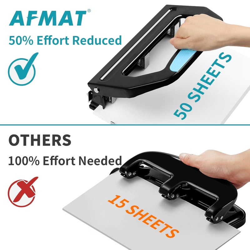 AFMAT 3 Hole Punch Heavy Duty, 9/32" Holes, 50-Sheet Hole Puncher 3 Ring, 50% Reduced Effort, Adjustable Two & Three Hole Punch, Metal Paper Puncher w/Large Chip Tray, Metal Paper Guide, Black, HP18 - Image 3